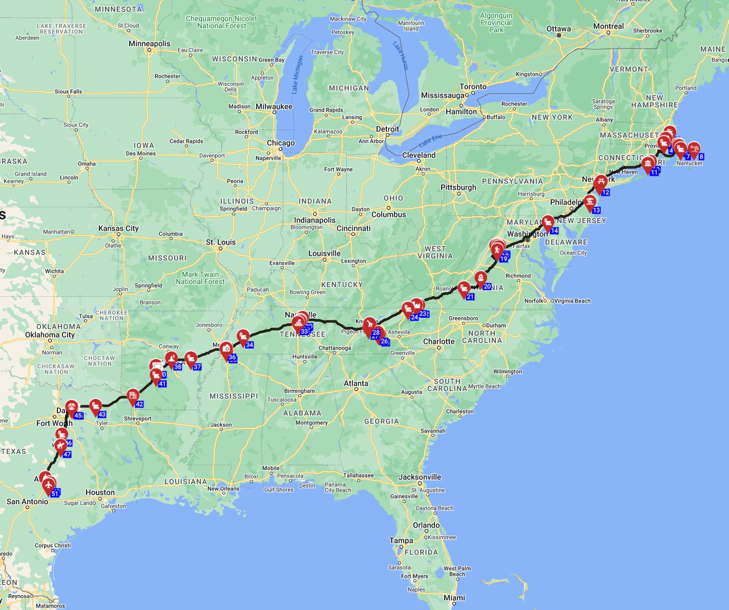 Map for Boston to Austin